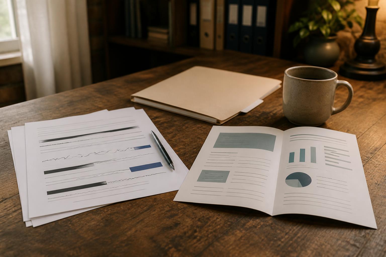 Reports, a pen, folder, and mug lie on a wooden table