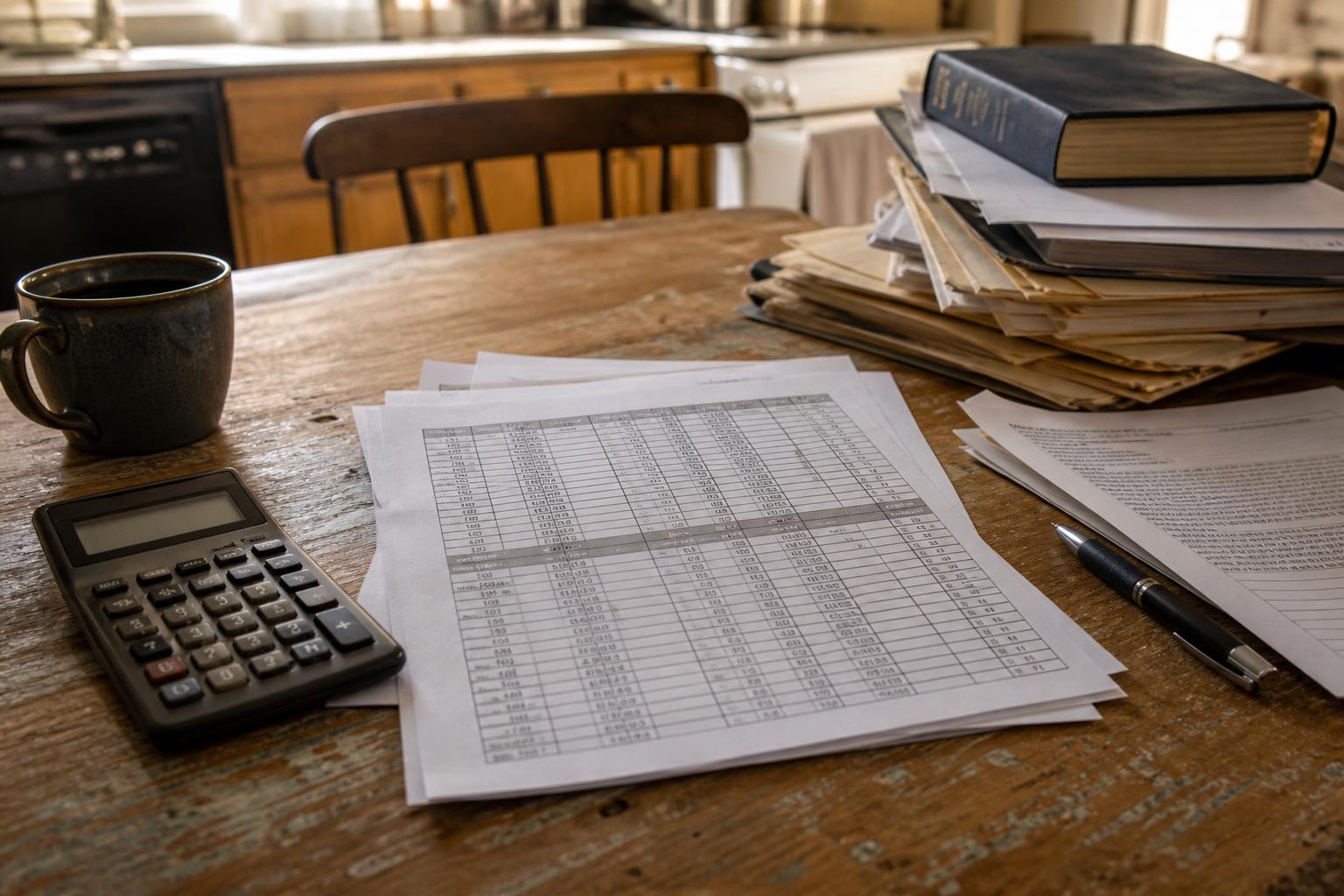 A calculator, mug, papers, pen, and stacked folders cover a kitchen table
