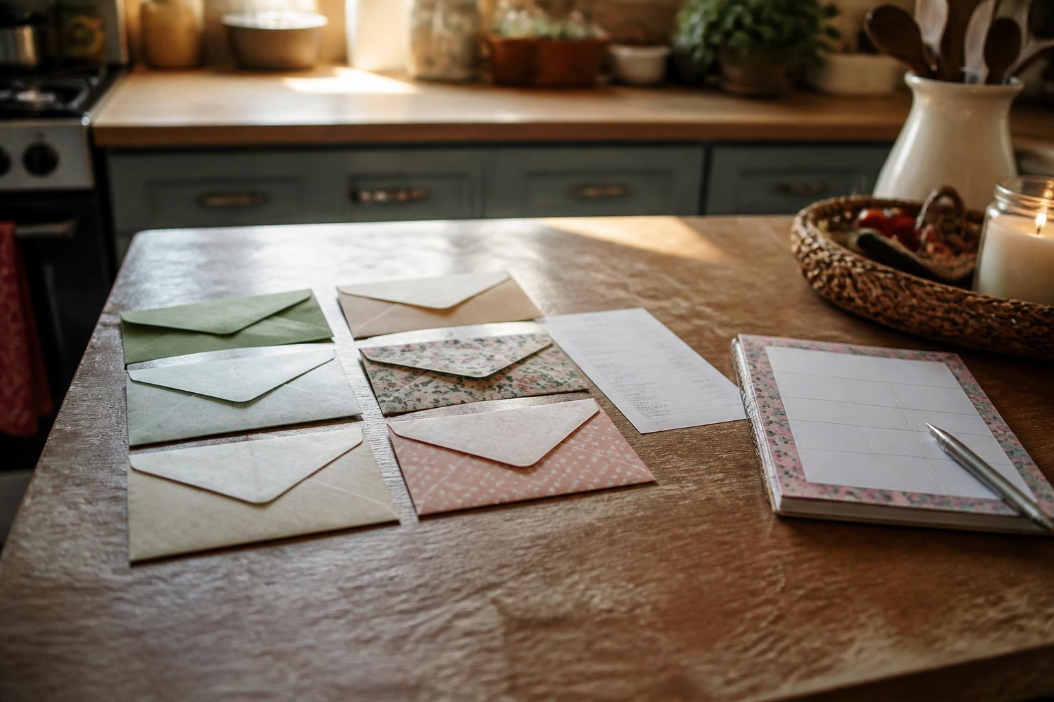Colored envelopes, a notebook, paper, and pen sit on a kitchen table