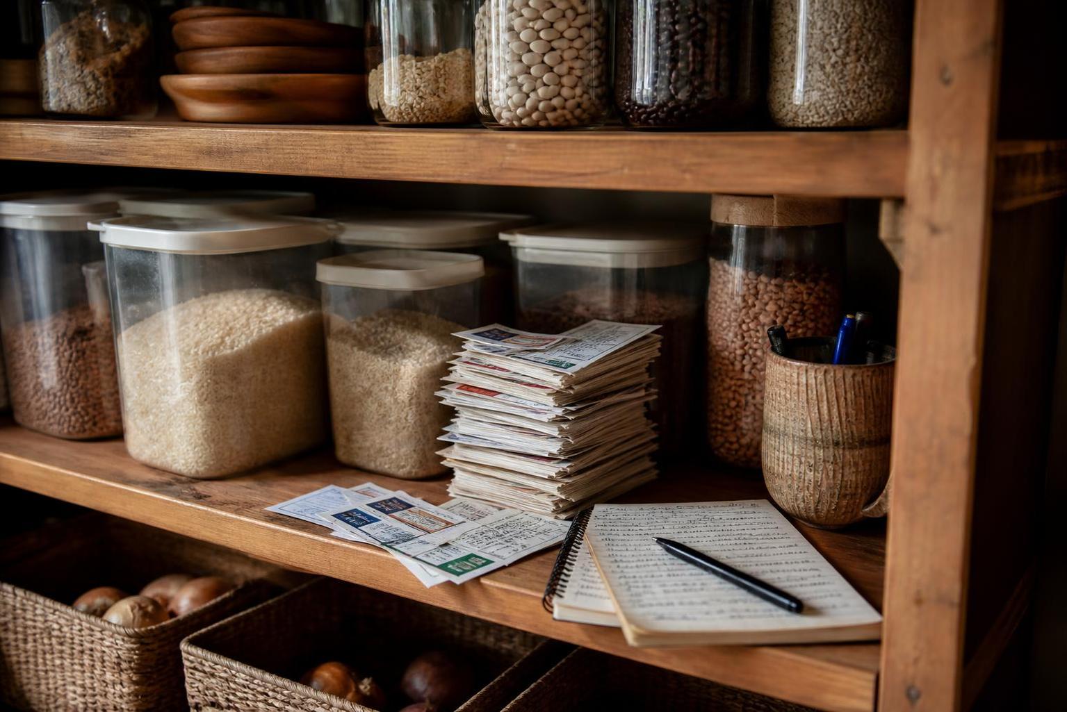 Pantry shelves hold jars, containers, papers, a notebook, and baskets of onions