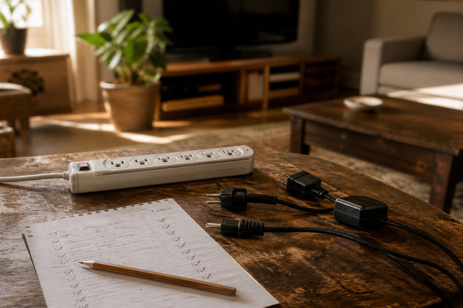 Power strip, plugs, checklist paper, and pencil lie on a living room table