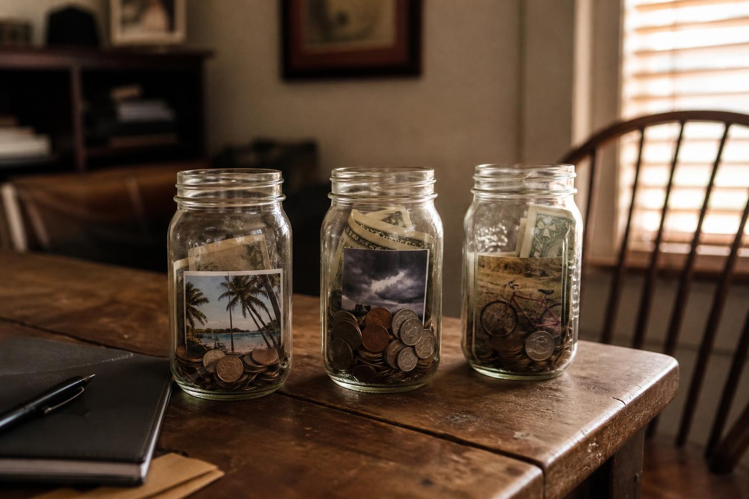 Three glass jars containing coins, bills, and photos sit on a wooden table