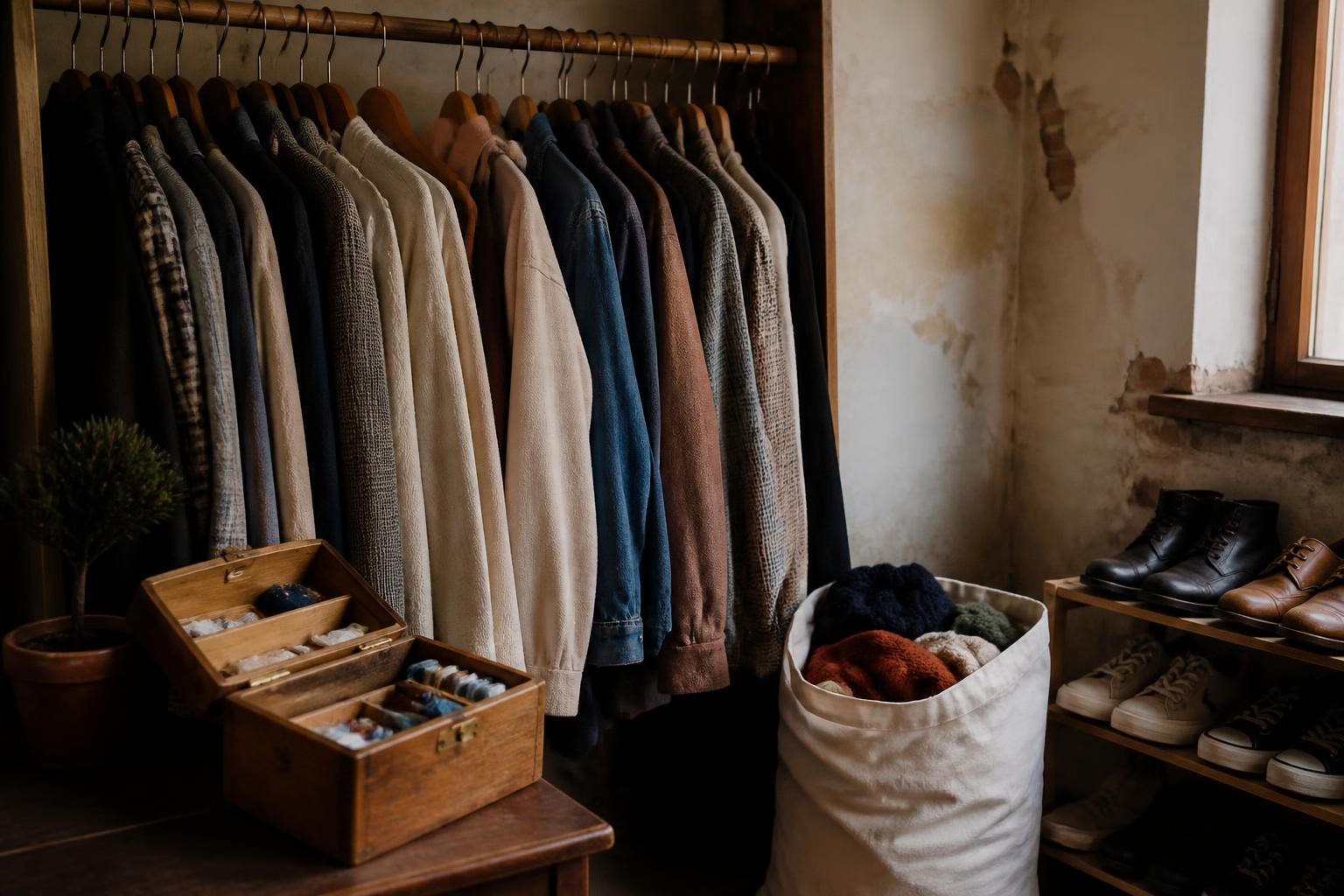 Clothes hang in a closet beside shoes, baskets, and a wooden box