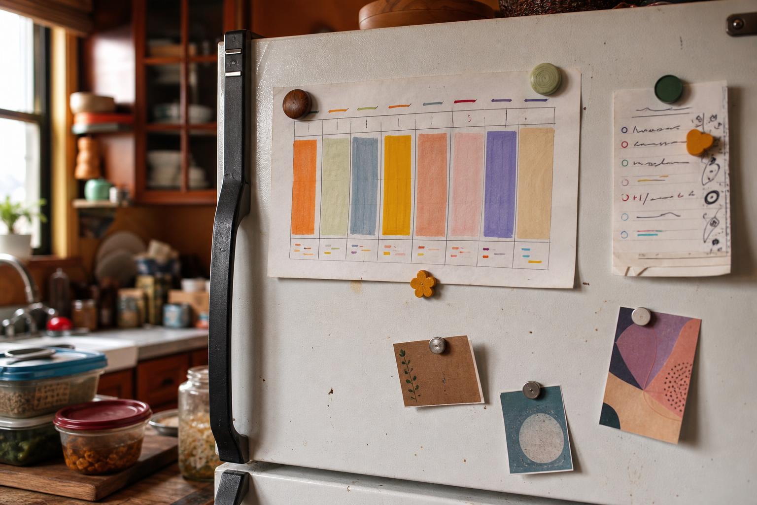 A refrigerator door displays charts, notes, and magnets in a kitchen