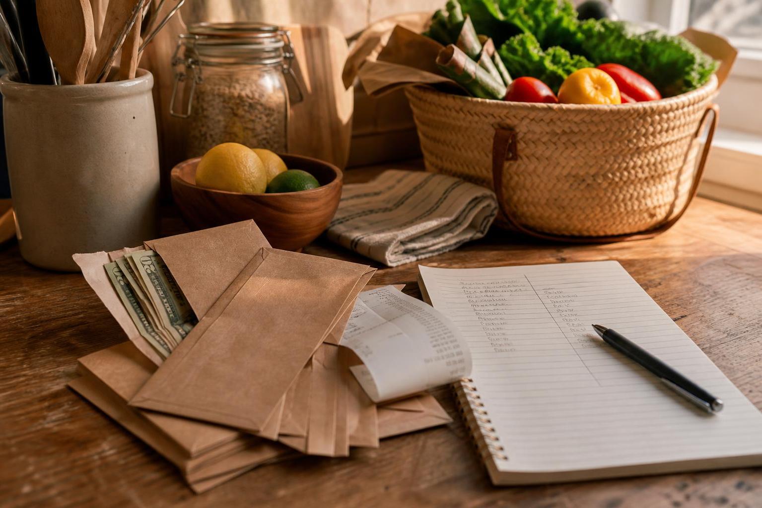 Paper envelopes, cash, receipt, notebook, and groceries sit on a wooden counter