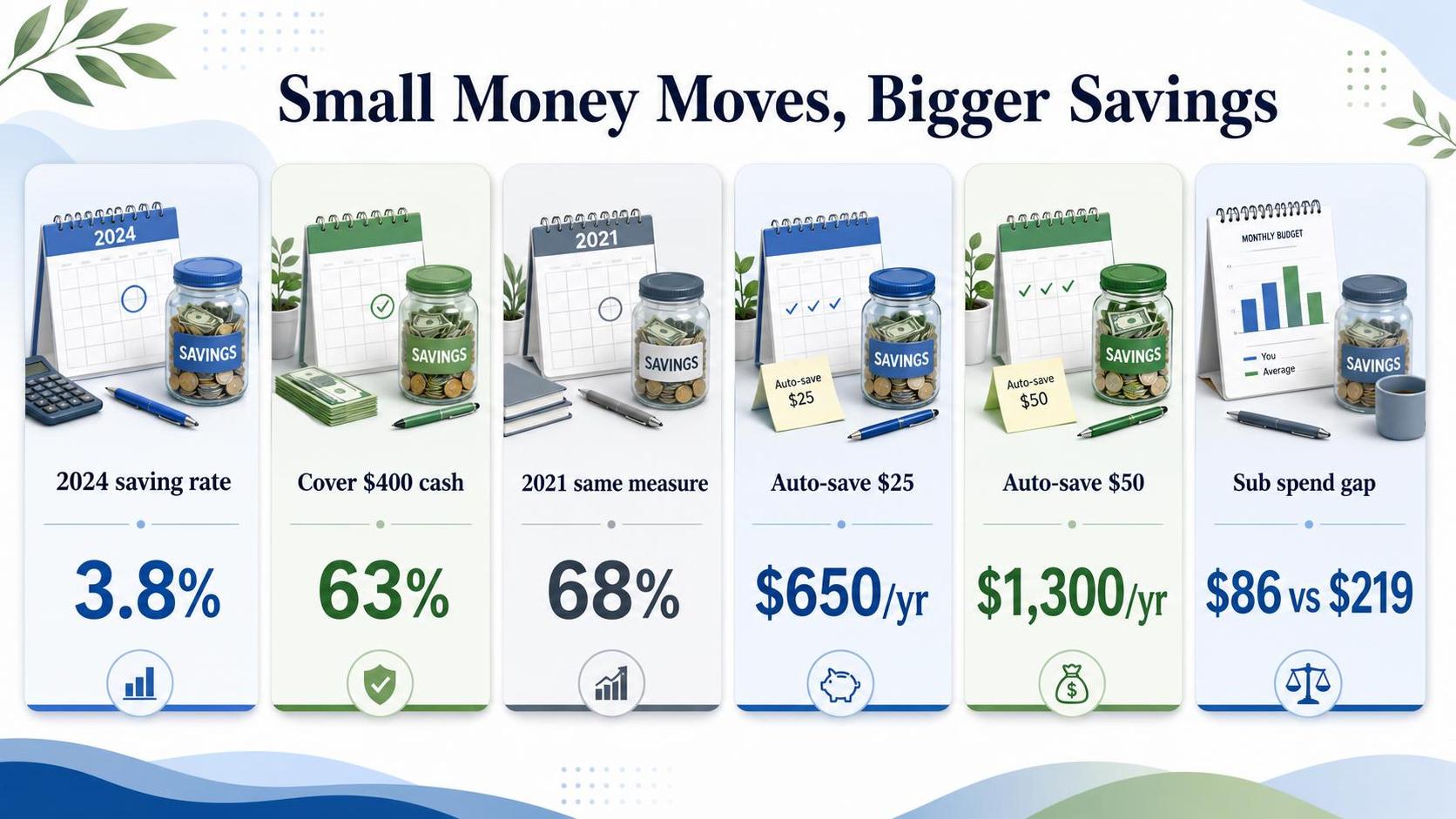 Six savings infographic panels show calendars, jars, pens, and financial figures