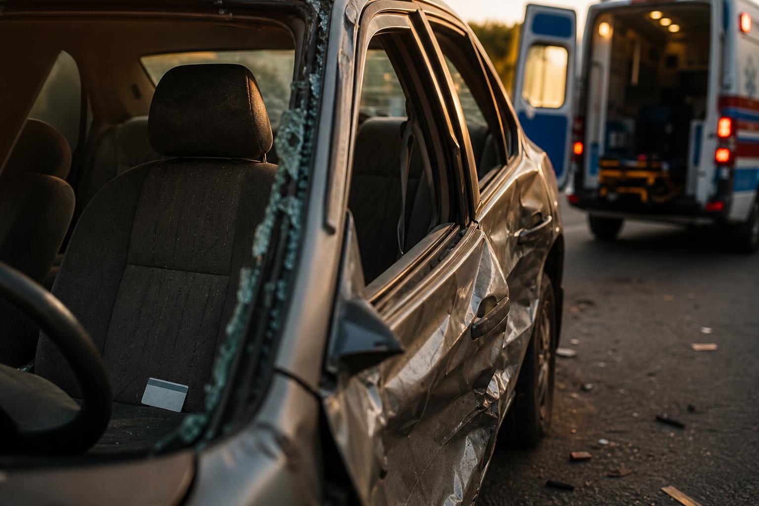 A damaged car with broken windows is parked near an open ambulance