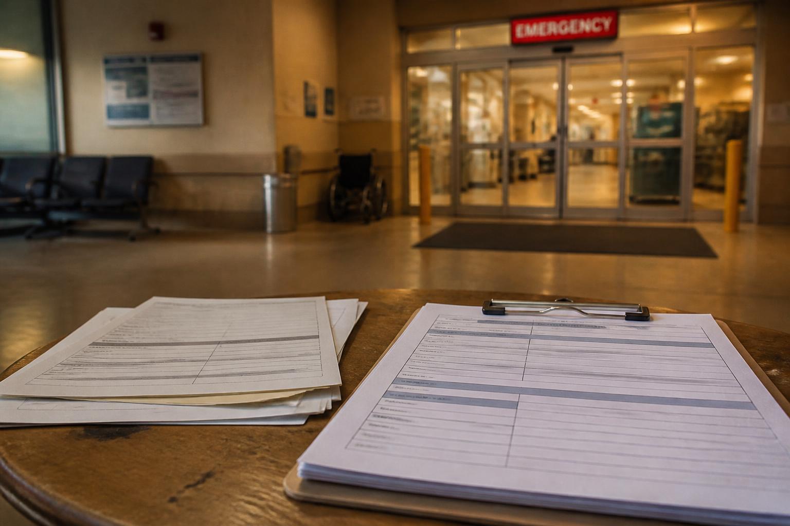 Paper forms and a clipboard sit before hospital emergency entrance doors