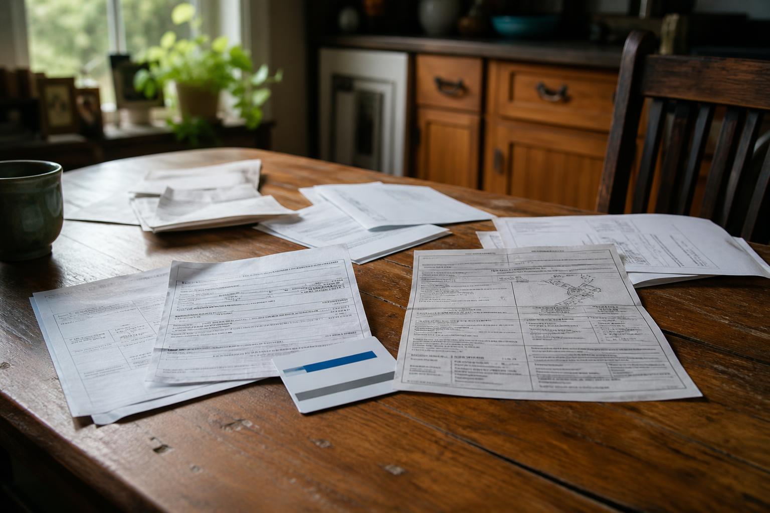 Forms and papers are spread across a wooden kitchen table