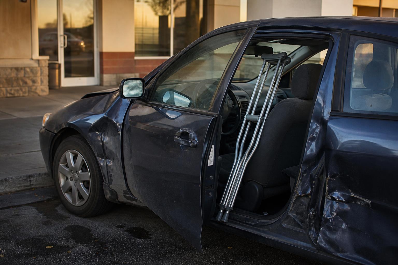 A damaged car with open door contains crutches beside the front seat