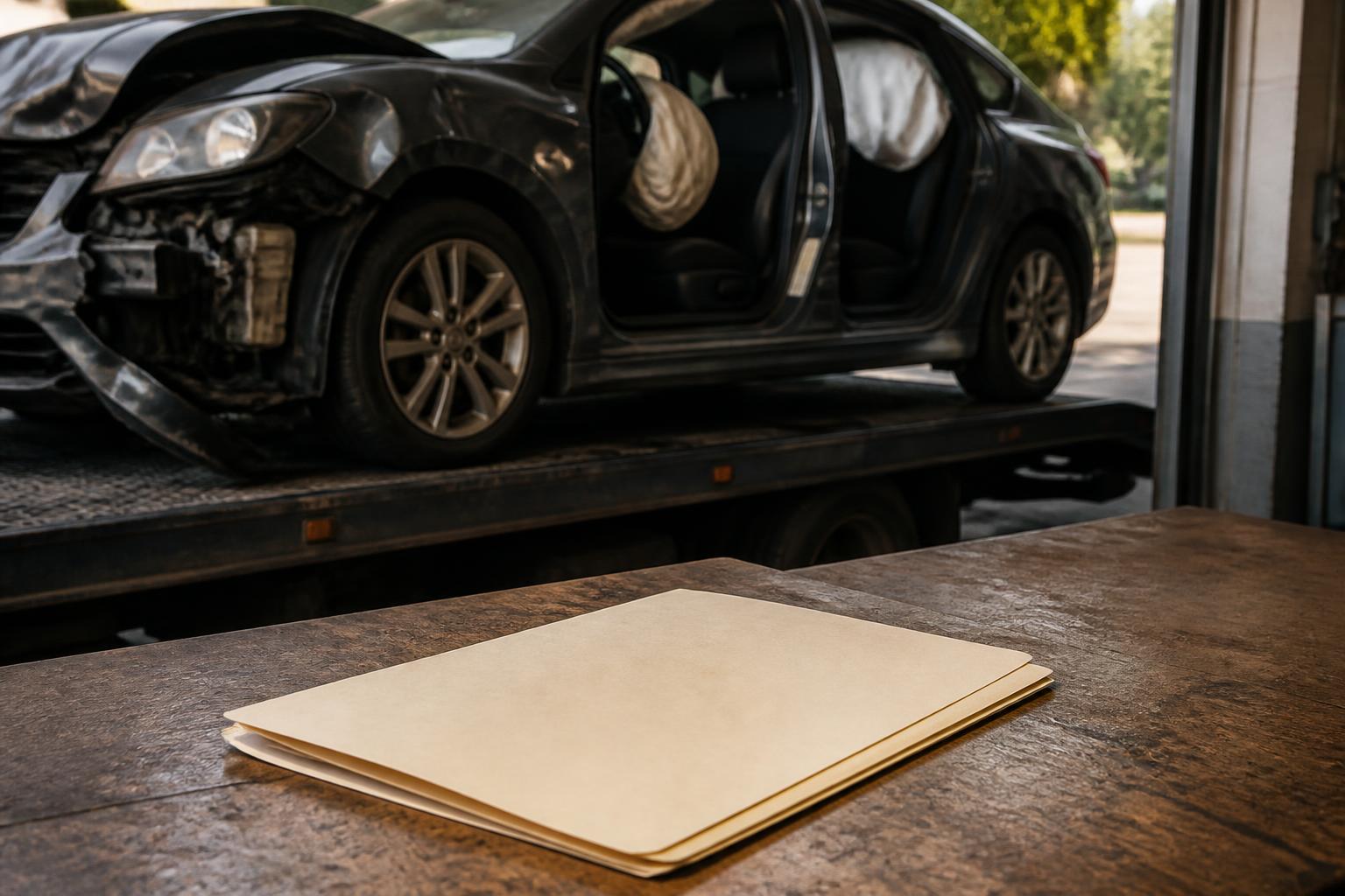 A folder lies on a wooden table near a damaged car on a truck