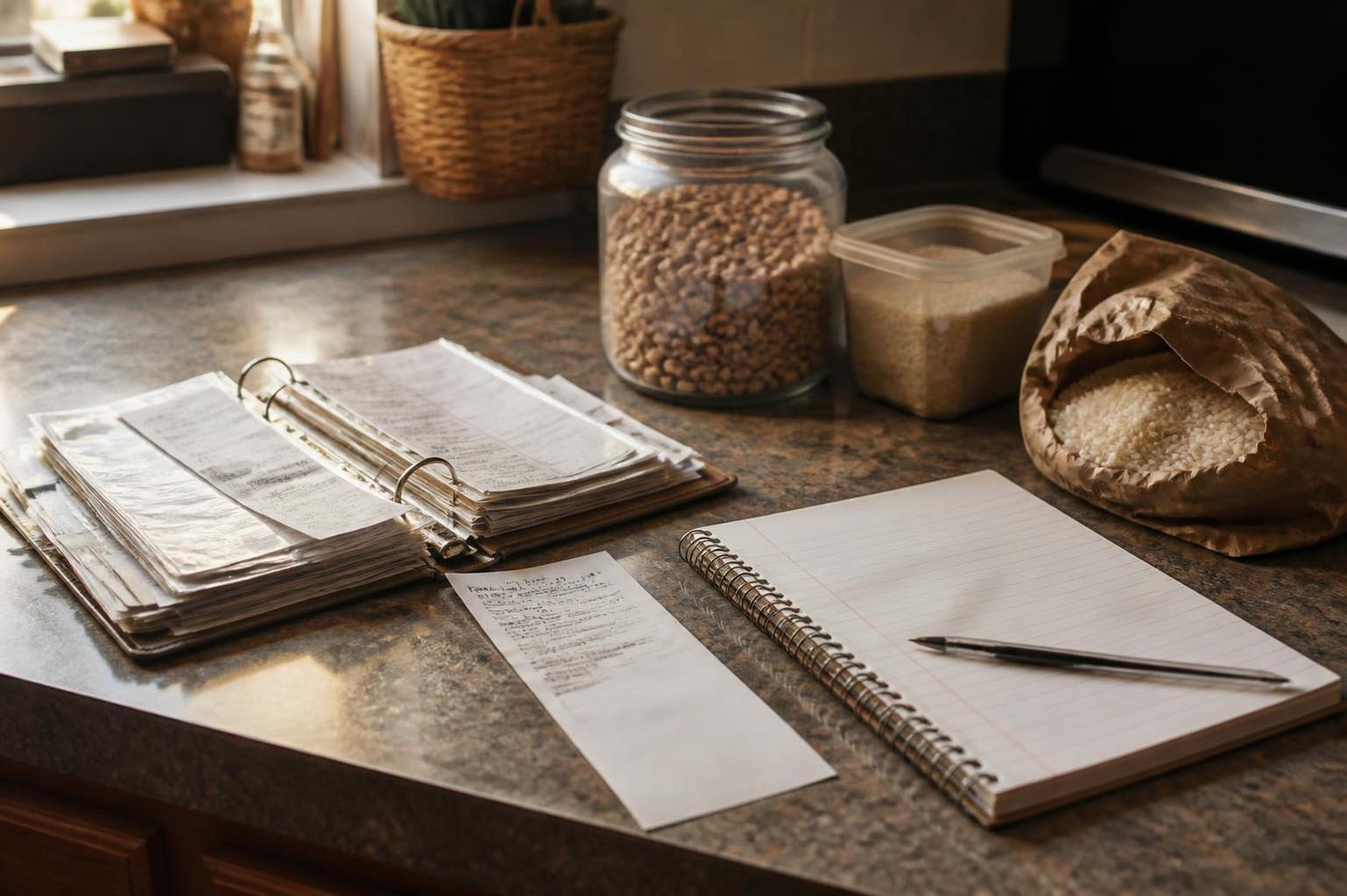 A binder, notebook, pen, receipts, jars, and rice bag sit on a countertop