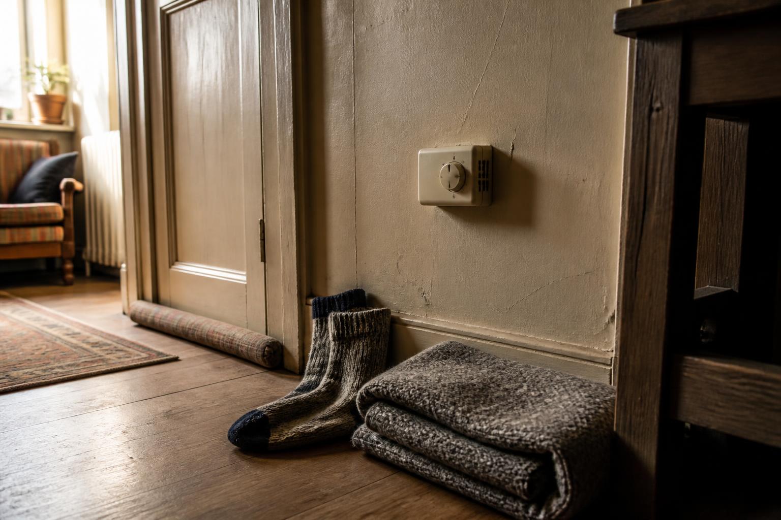 Folded blankets, socks, and a wall thermostat sit beside a doorway