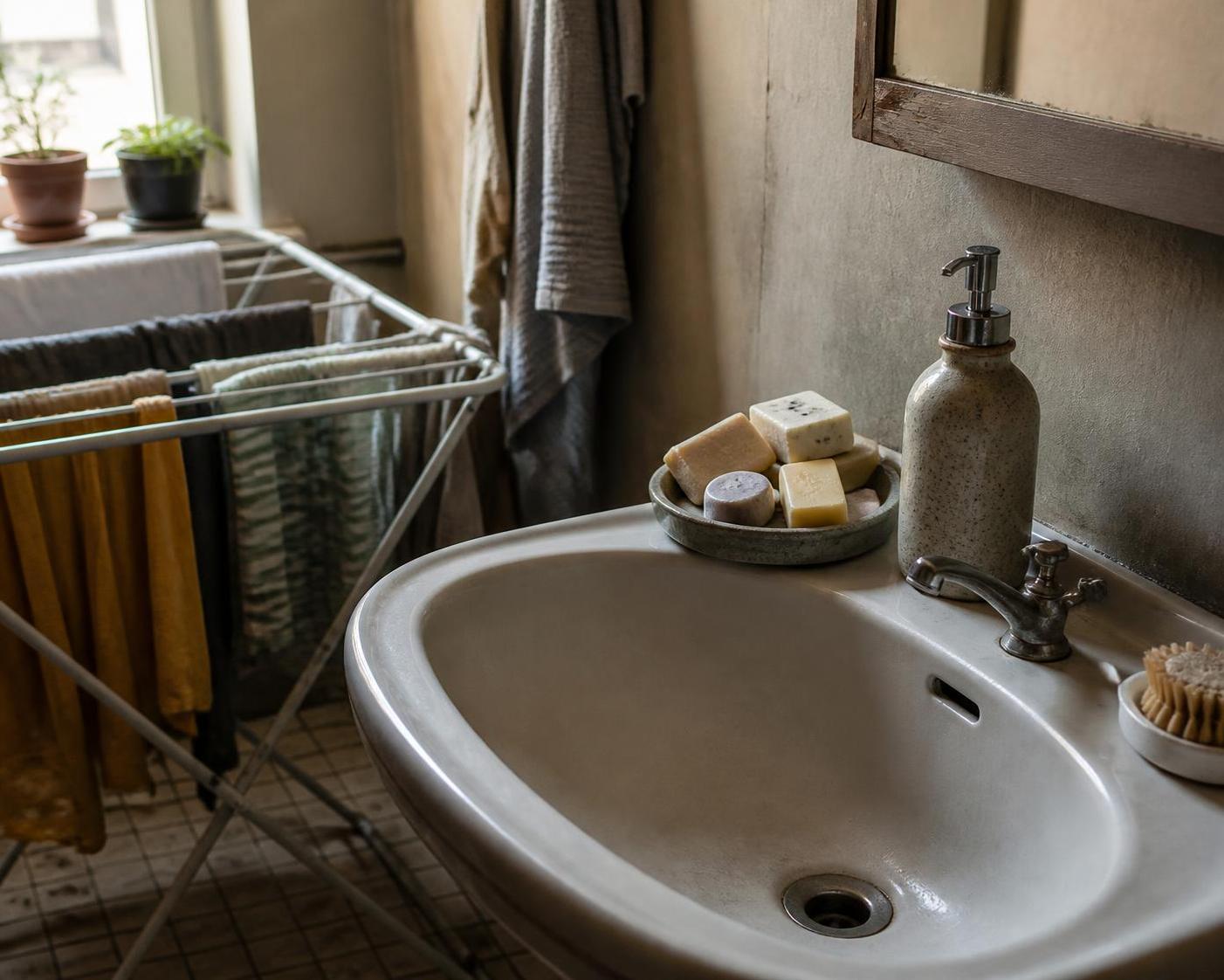A bathroom sink holds soap, a dispenser, brushes, and nearby drying laundry