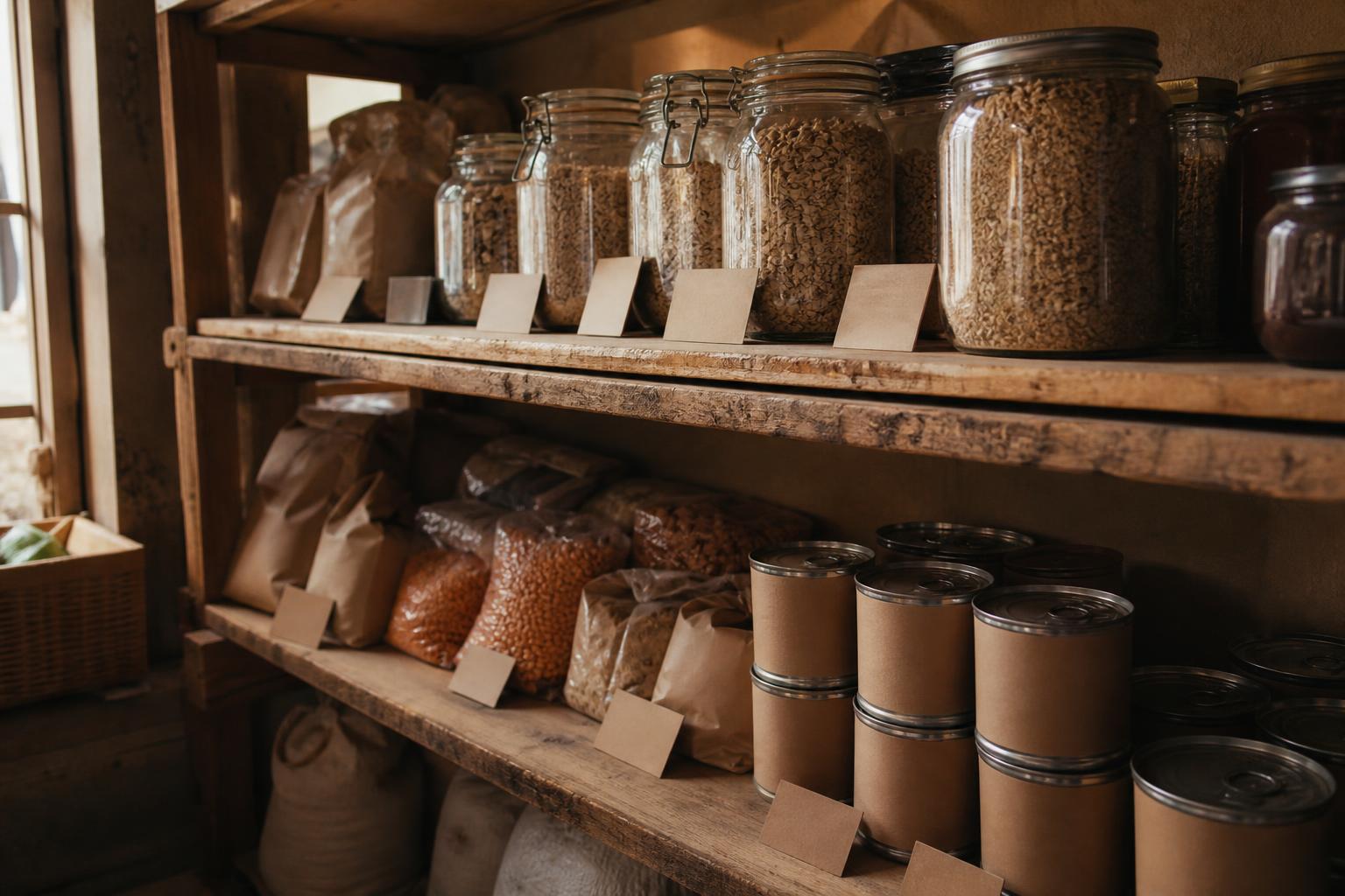 Jars, paper bags, cans, and labels sit on wooden pantry shelves