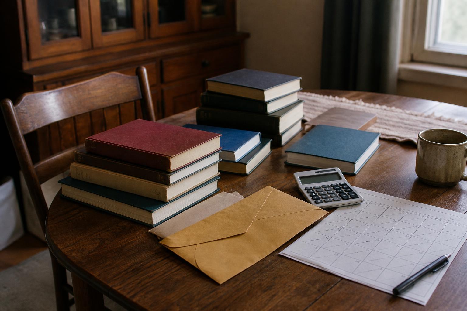 Books, envelopes, calculator, calendar paper, pen, and mug sit on a table