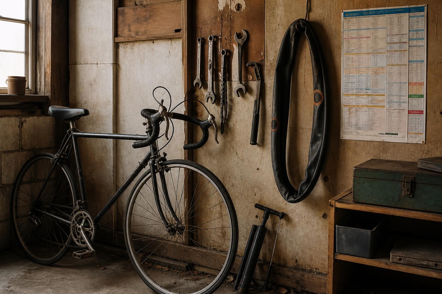 A bicycle, hanging tools, inner tube, pump, chart, and storage boxes fill a workshop