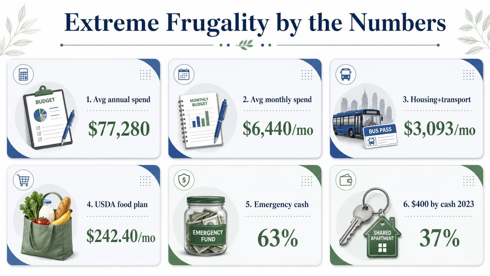 Infographic cards show budget amounts with icons for food, transport, and cash