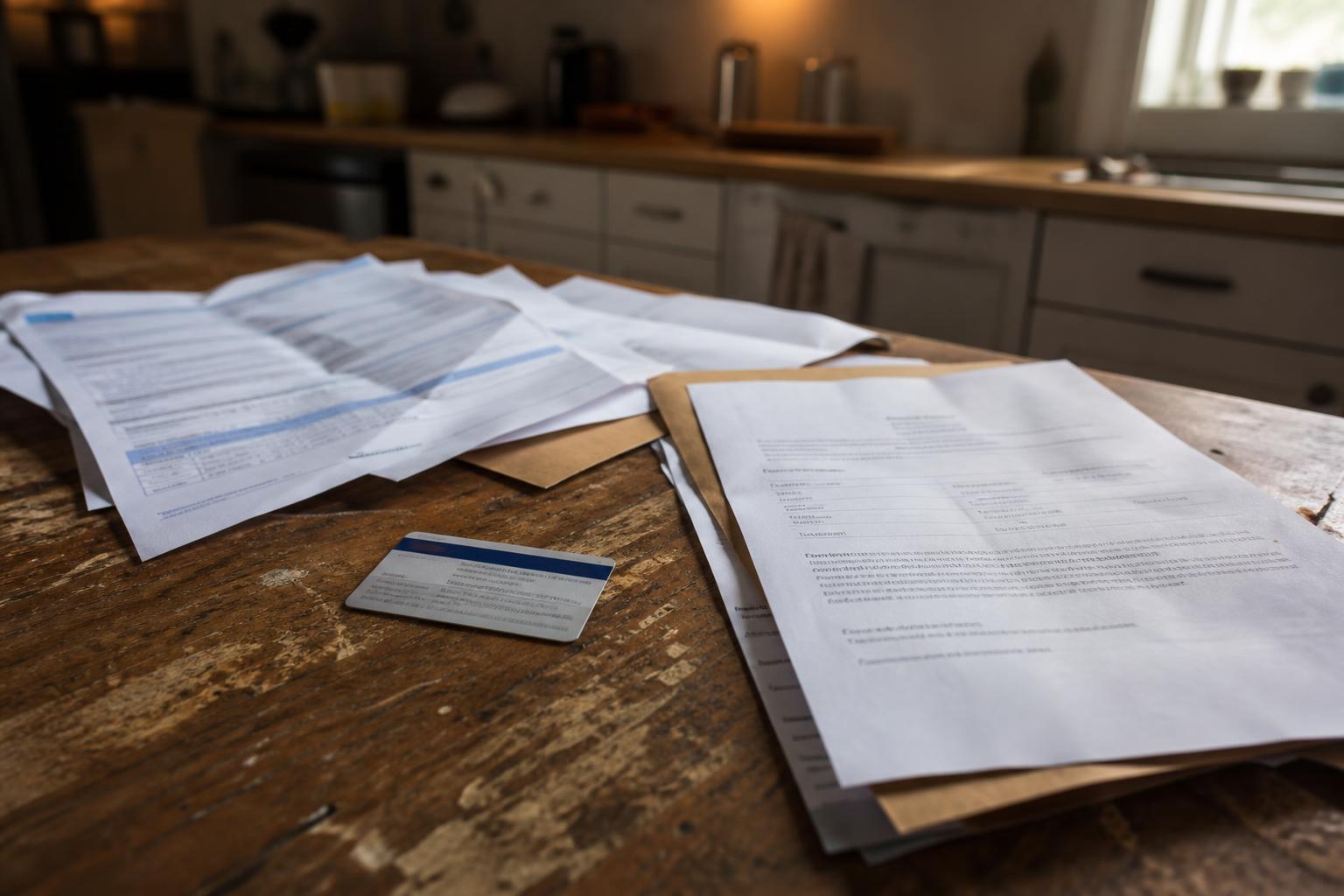 Printed documents, envelopes, and an insurance card spread across a wooden kitchen table