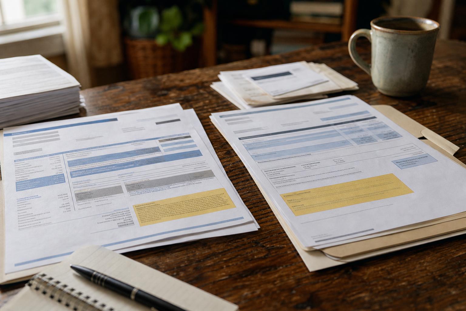 Printed forms, a notebook with pen, and a coffee mug on a rustic wooden table