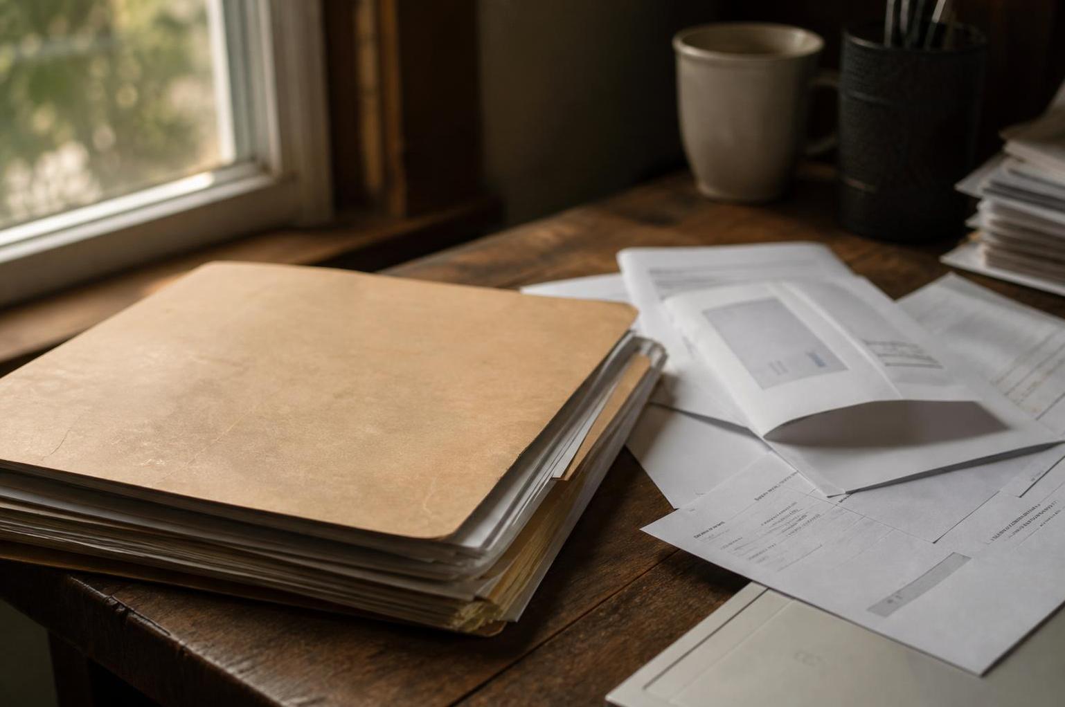 A brown folder, scattered papers, a mug, and a pen holder on a wooden desk near a window