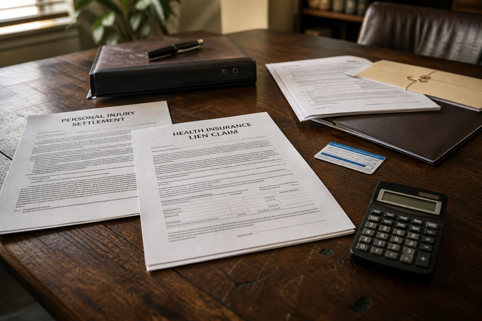 Personal injury settlement and health insurance lien claim documents, a calculator, and a folder on a dark wooden desk