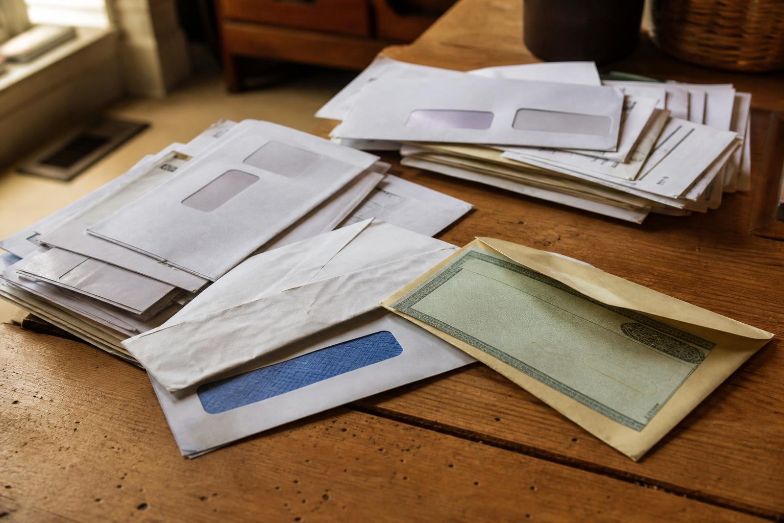 Stacks of window envelopes and a certificate in a manila envelope on a wooden table