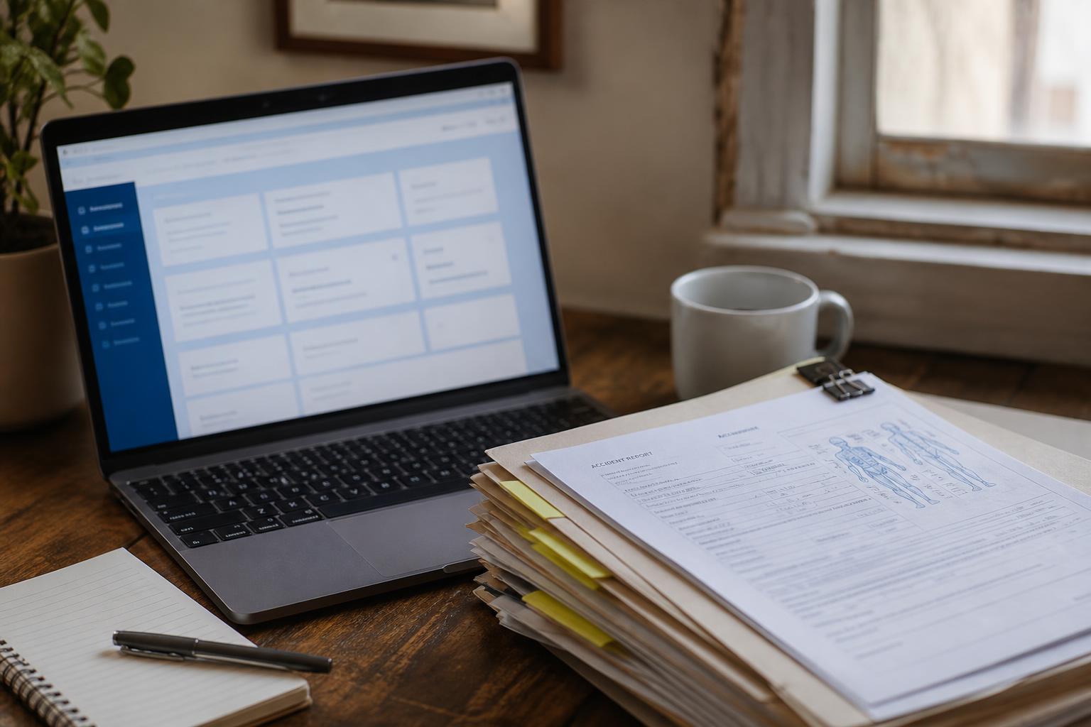 A laptop displaying a dashboard, tabbed file folders, a notepad, and a mug on a wooden desk