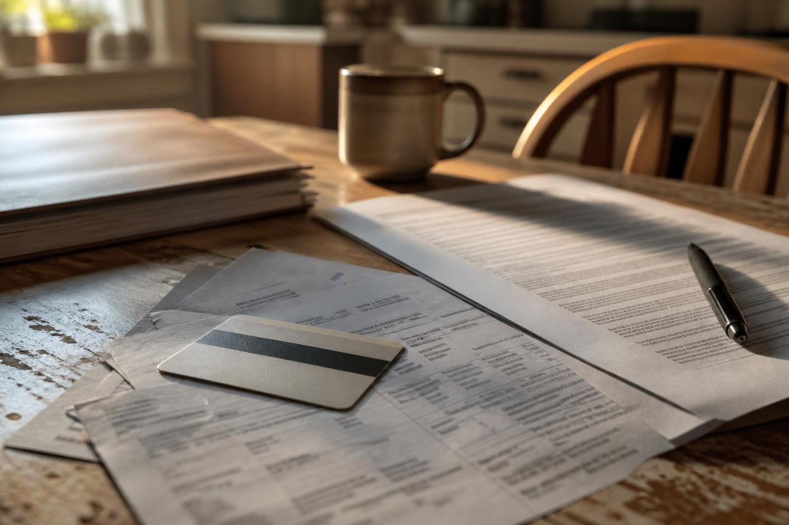 Printed documents, a credit card, a pen, a coffee mug, and folders on a sunlit kitchen table