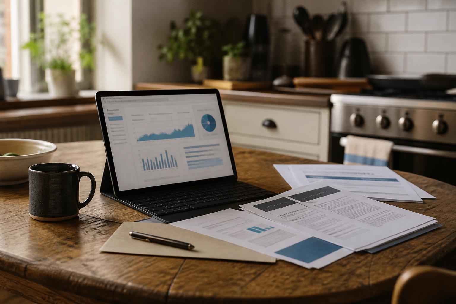 Laptop, papers, pen, and mug sit on a wooden kitchen table