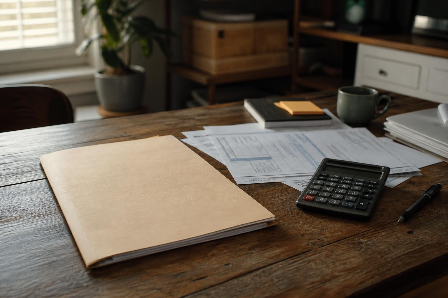 Folder, forms, calculator, pen, and mug sit on a wooden table