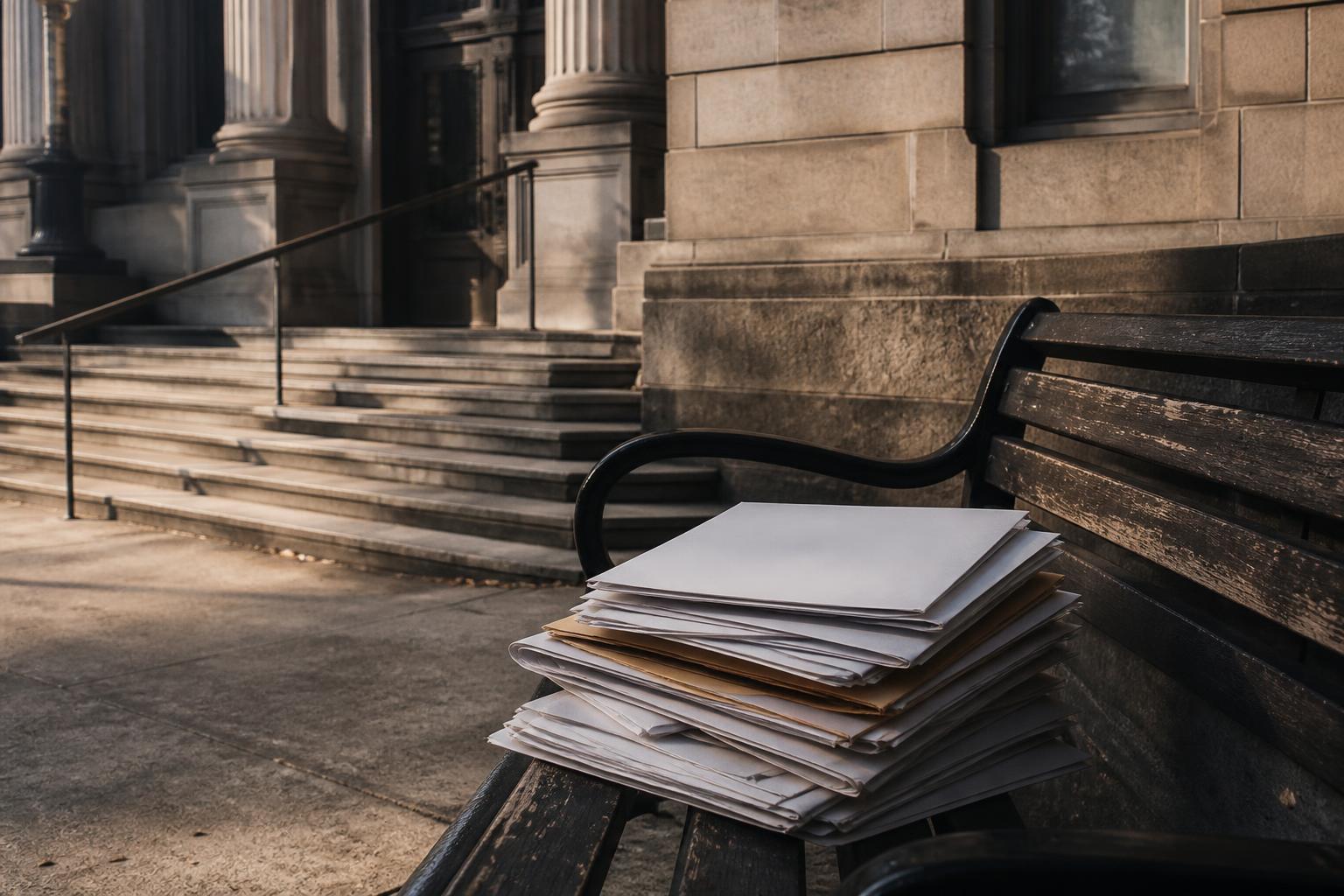Stacked papers rest on a bench outside a columned stone building
