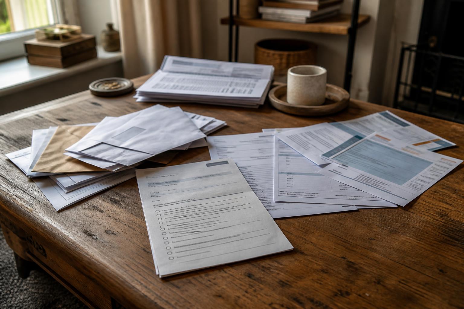 Scattered forms, envelopes, and papers cover a wooden coffee table indoors