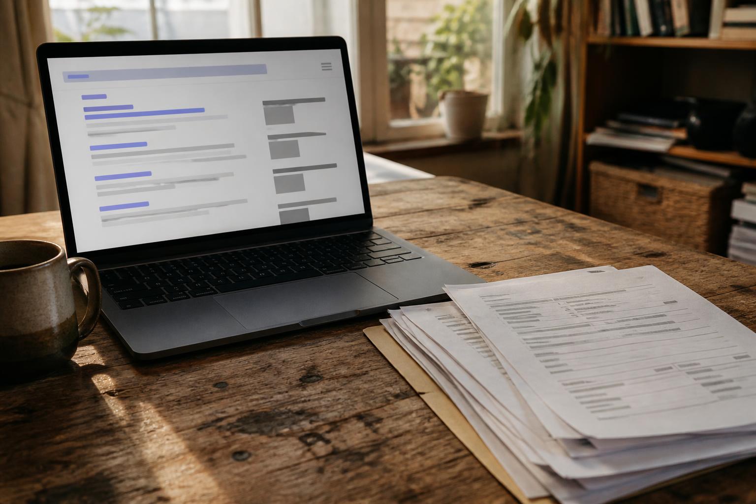 Laptop, mug, and stacked documents sit on a wooden table near windows