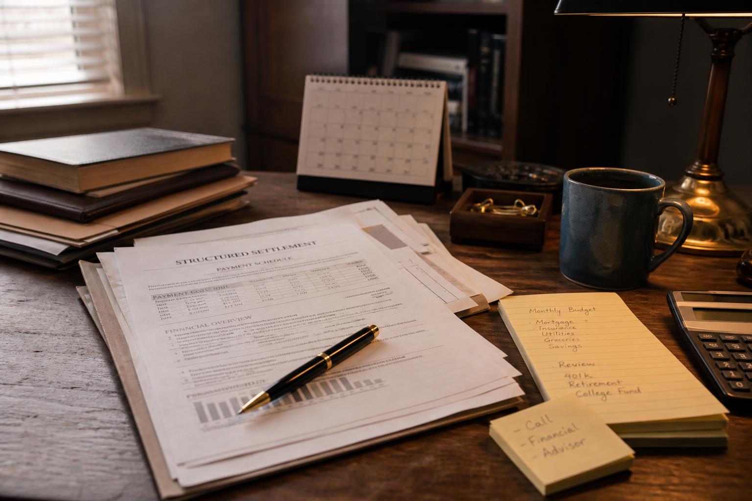 Documents, pen, calendar, mug, calculator, and notepads sit on a desk