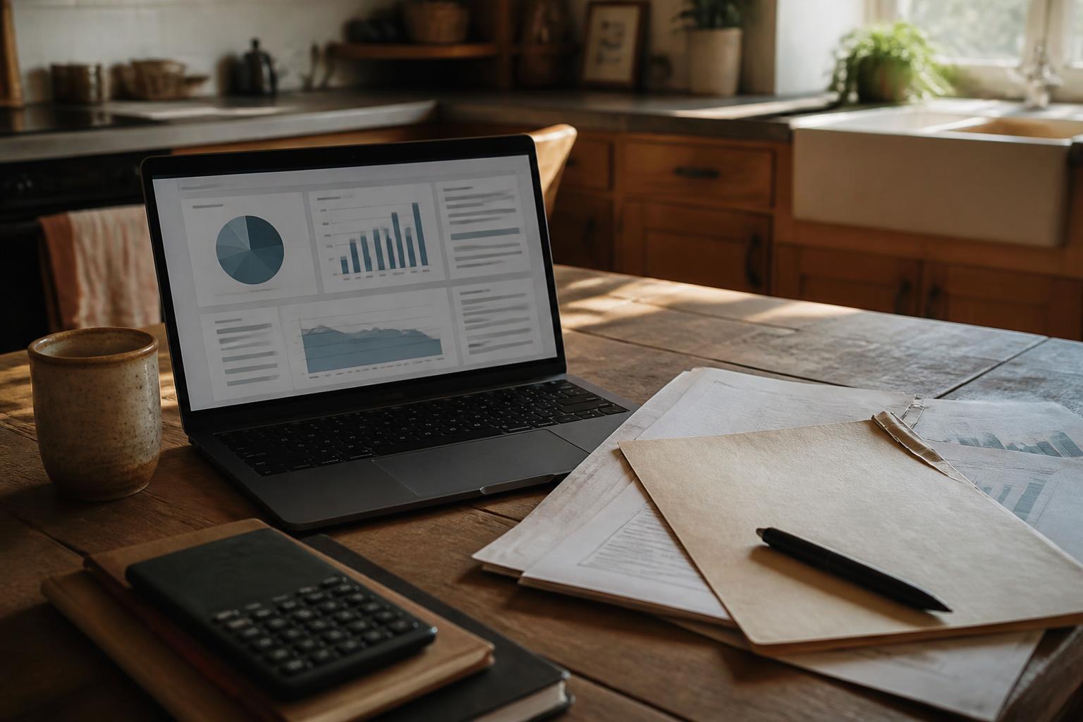 Laptop, calculator, papers, folder, pen, and mug sit on a kitchen table