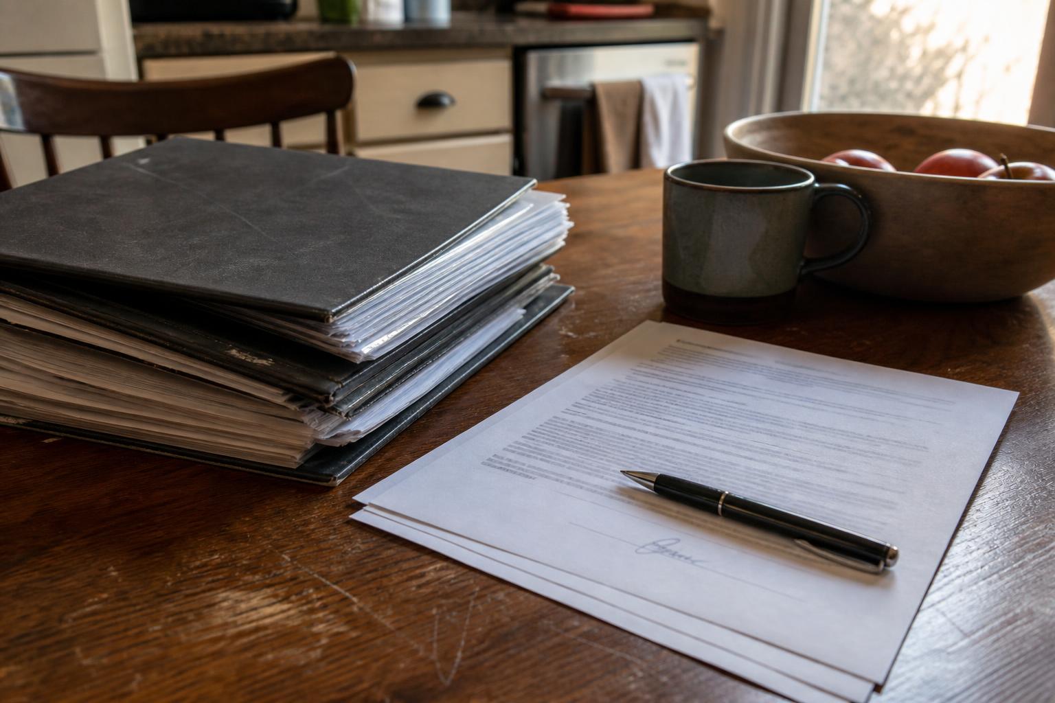 Stacks of documents, a pen, mug, and fruit bowl sit on a wooden table