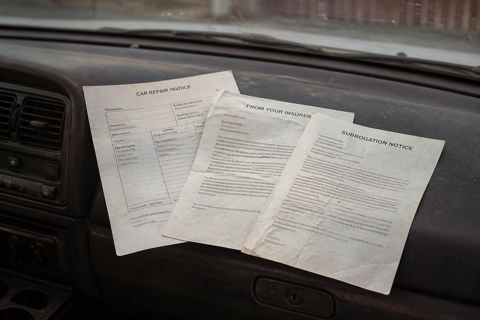 Three paper documents rest on a car dashboard near vents and windshield