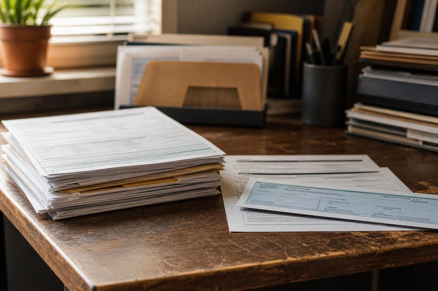 Stacks of paper forms and folders sit on a wooden office desk
