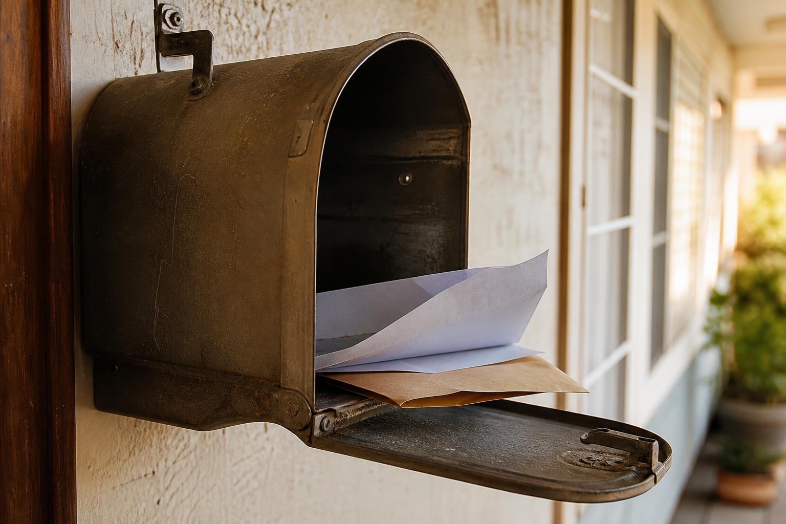 An open metal mailbox holds envelopes beside a stucco wall and windows