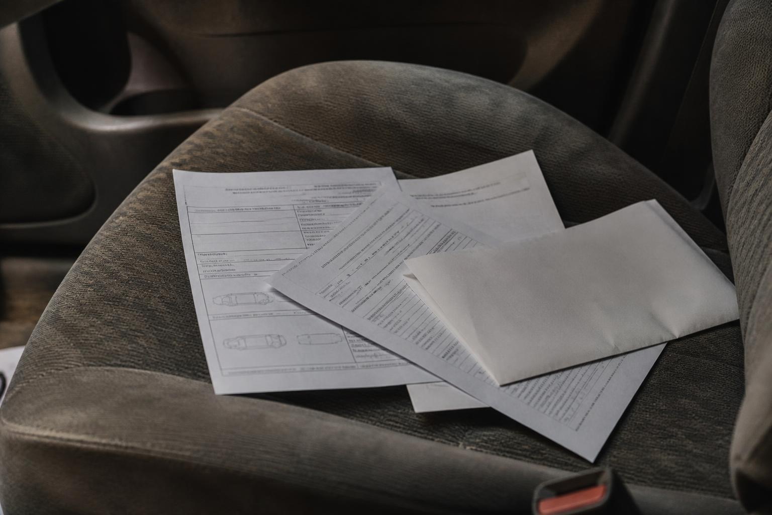 Paper forms and a white envelope lie on a car seat