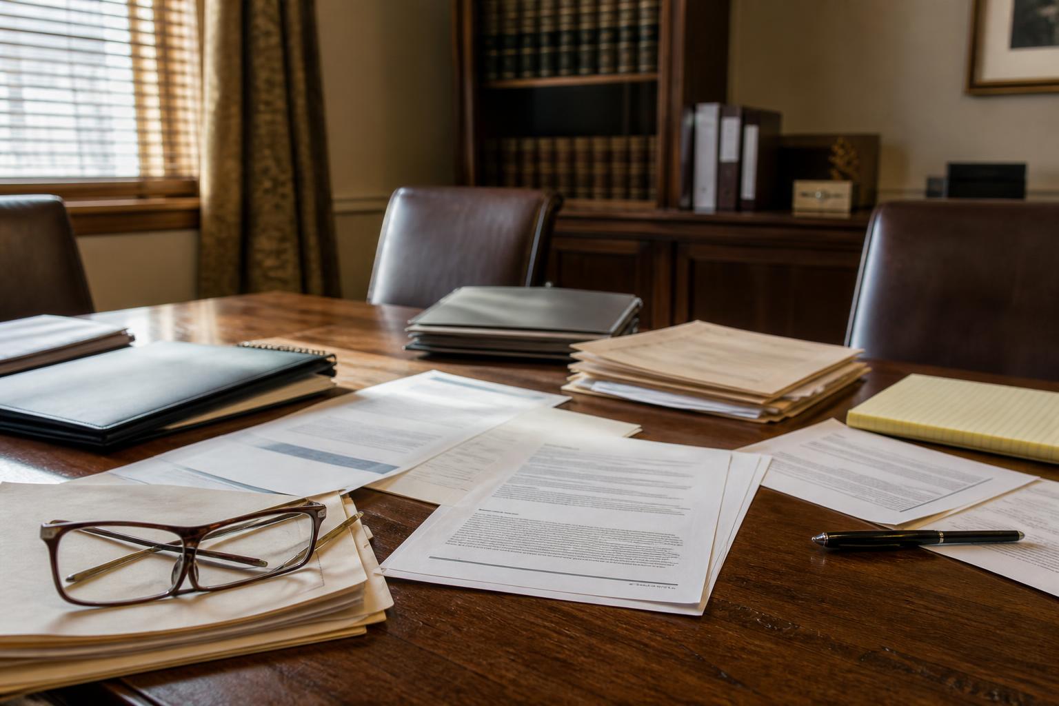 Documents, folders, glasses, and a pen cover a conference room table