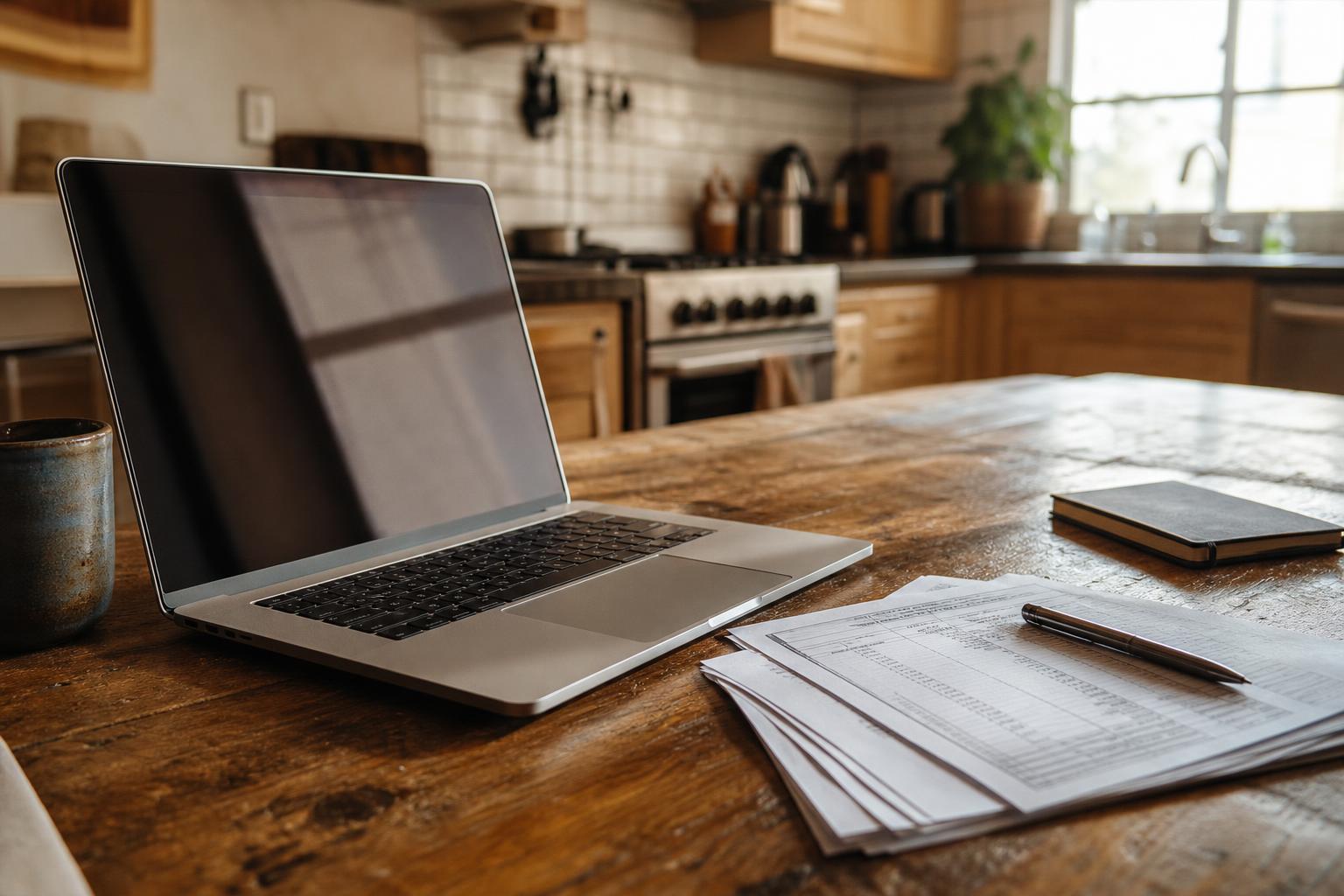 Laptop, papers, notebook, pen, and mug sit on a wooden kitchen table