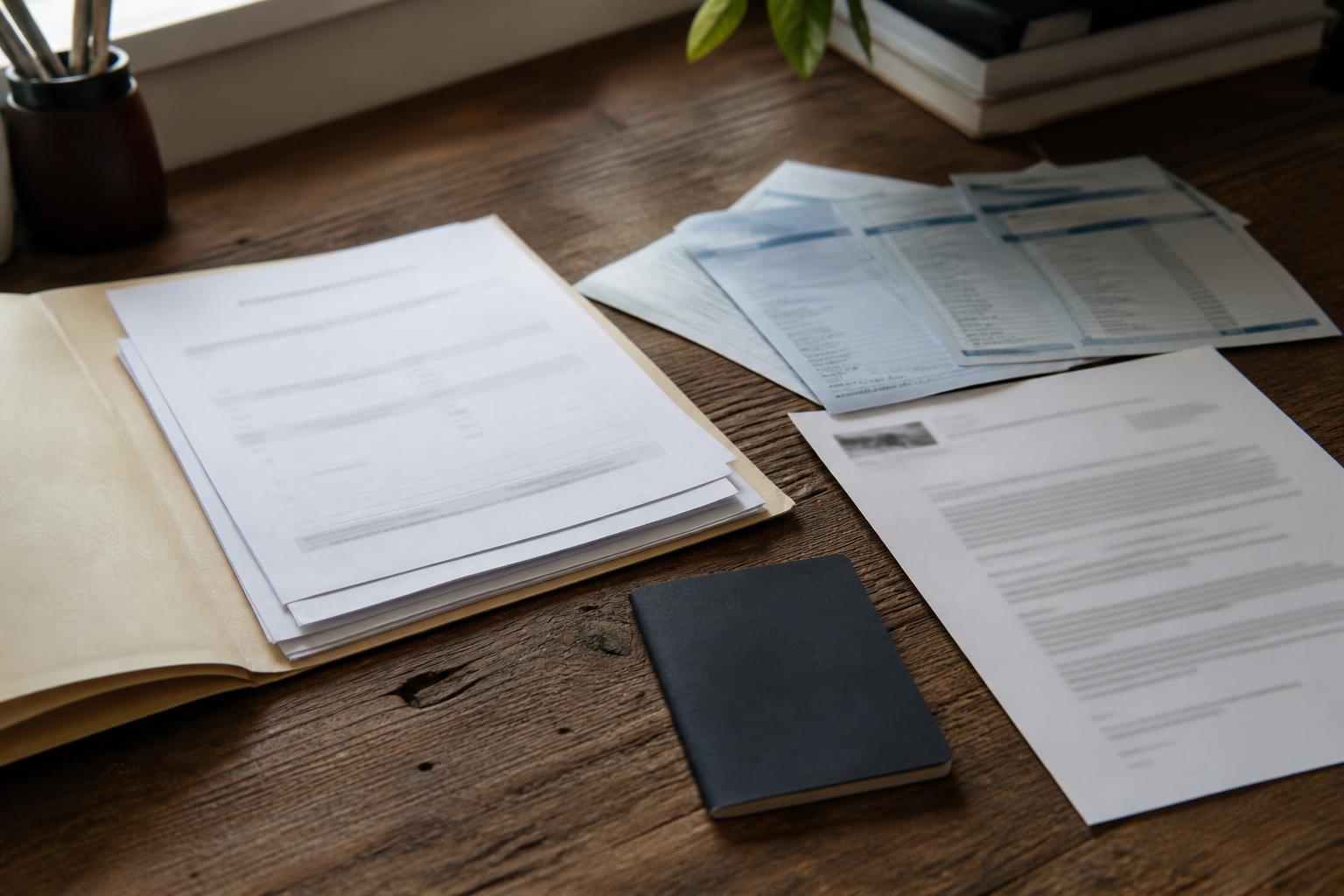 Documents, folders, notebooks, books, and a pen holder lie on a wooden desk