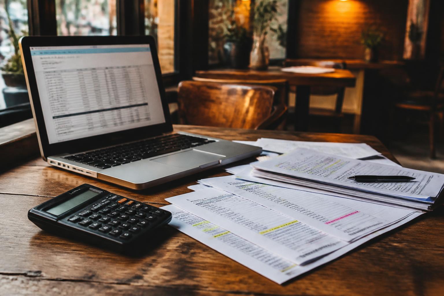 Laptop, calculator, papers, and pen sit on a wooden table in a cafe