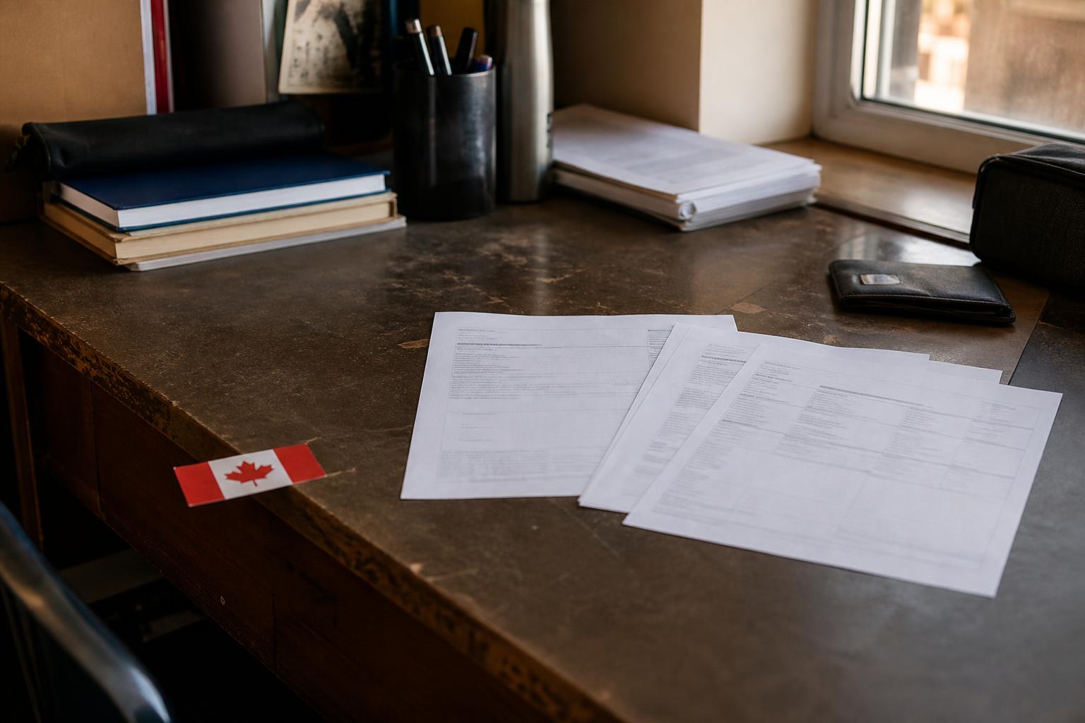 Forms, books, pens, wallet, bag, and Canadian flag sit on a desk