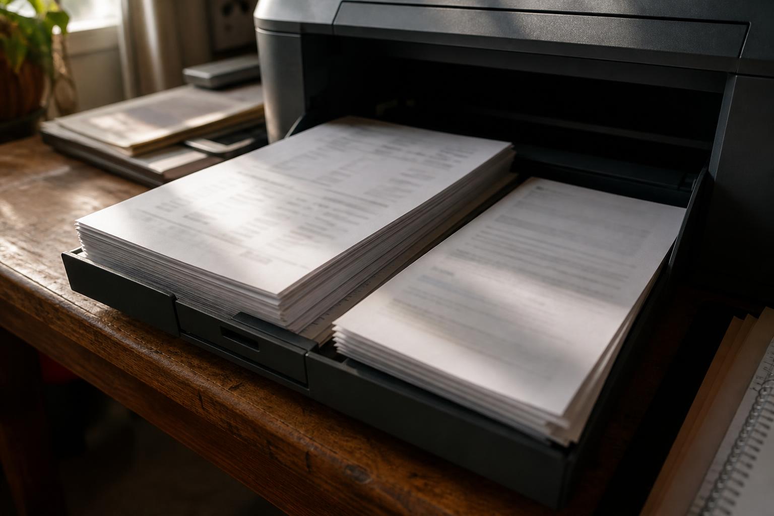 Printer output tray holds stacks of printed papers on a wooden desk