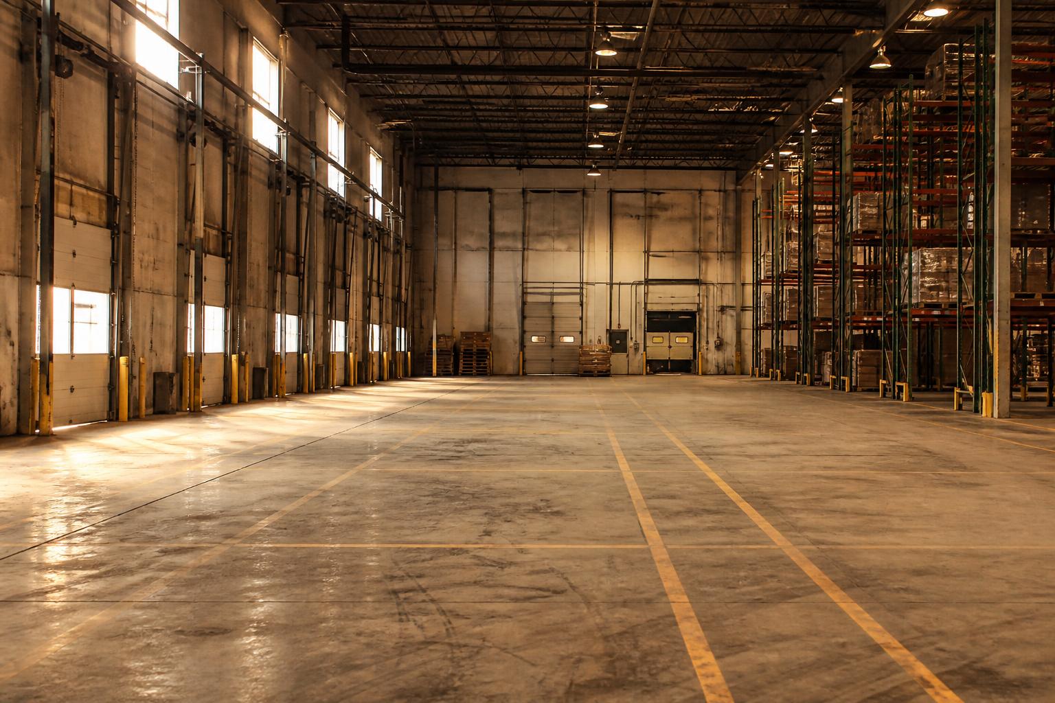 Empty warehouse interior with loading doors, high windows, racks, and concrete floor