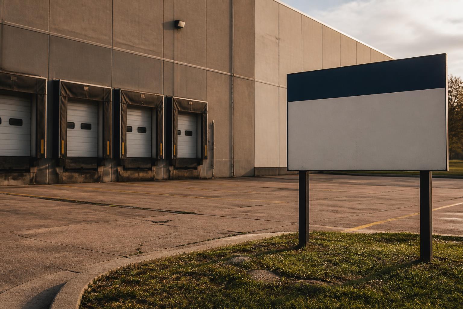 Warehouse exterior with loading dock doors and a blank roadside sign