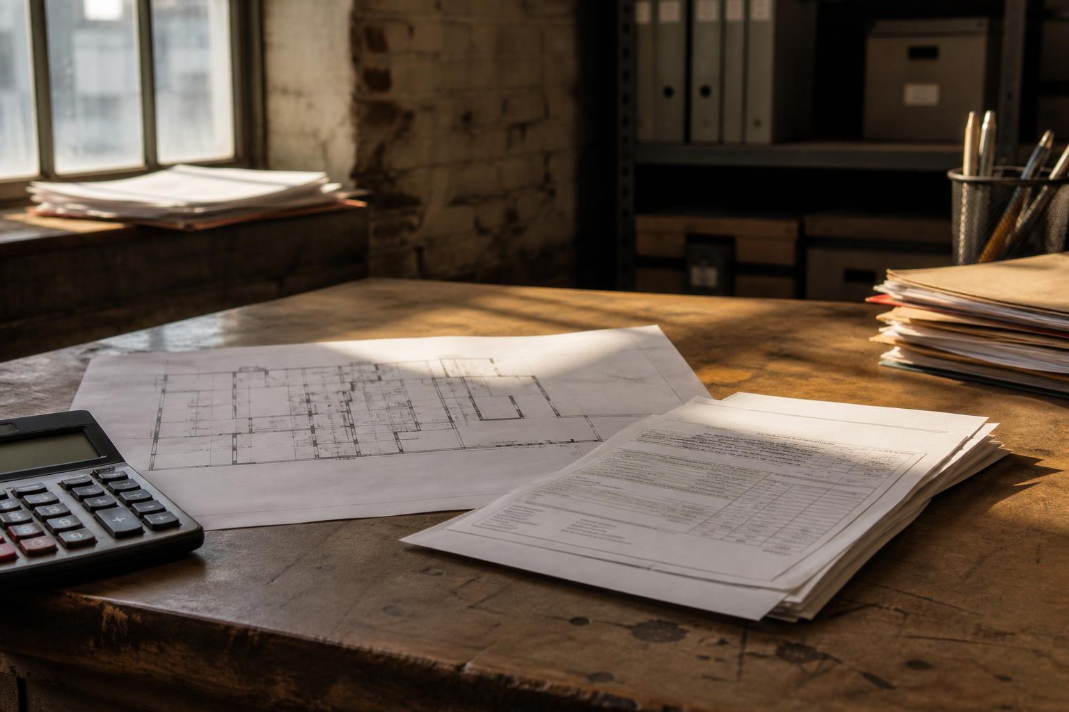 Desk holds blueprints, paperwork, calculator, pens, and files near a window